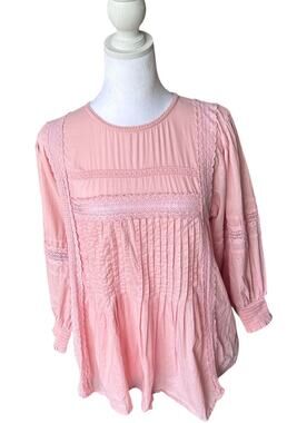 Sweet Salt Pink Pleated Pintuck Blouse Lace Trim Cotton Gauze Peasant Top M